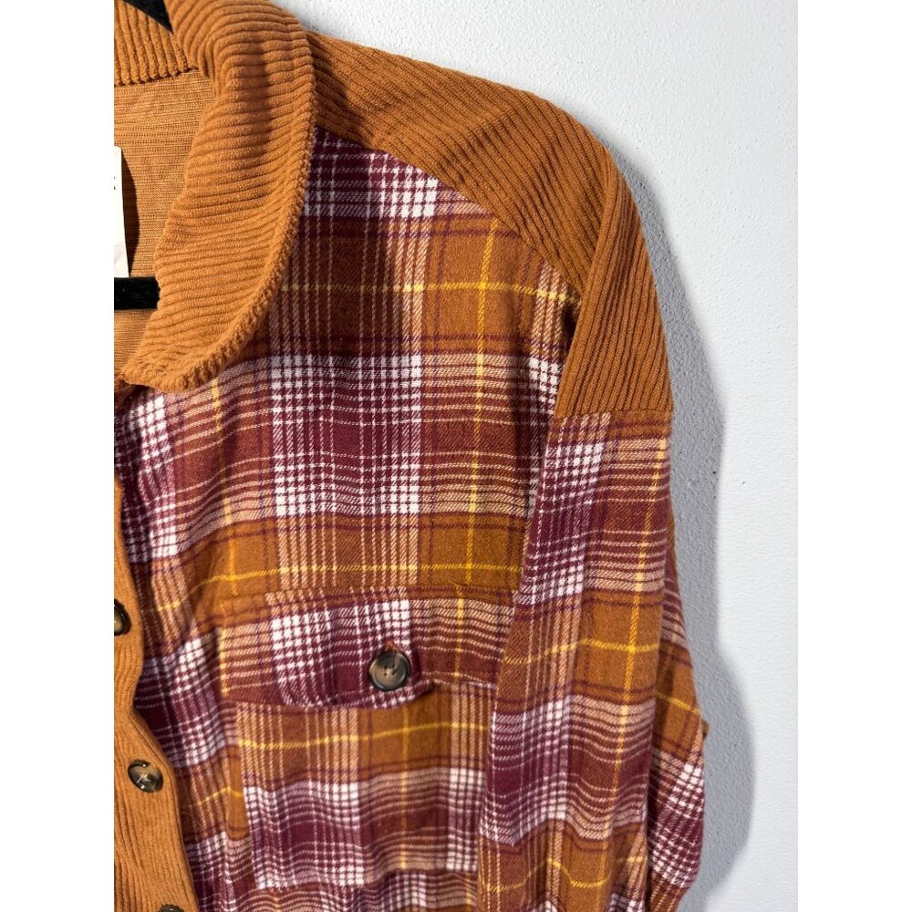 NWT N.Y.L.A. Patchwork Corduroy Flannel Shacket Womens Large‎ Brown/Burgundy - Picture 9 of 12